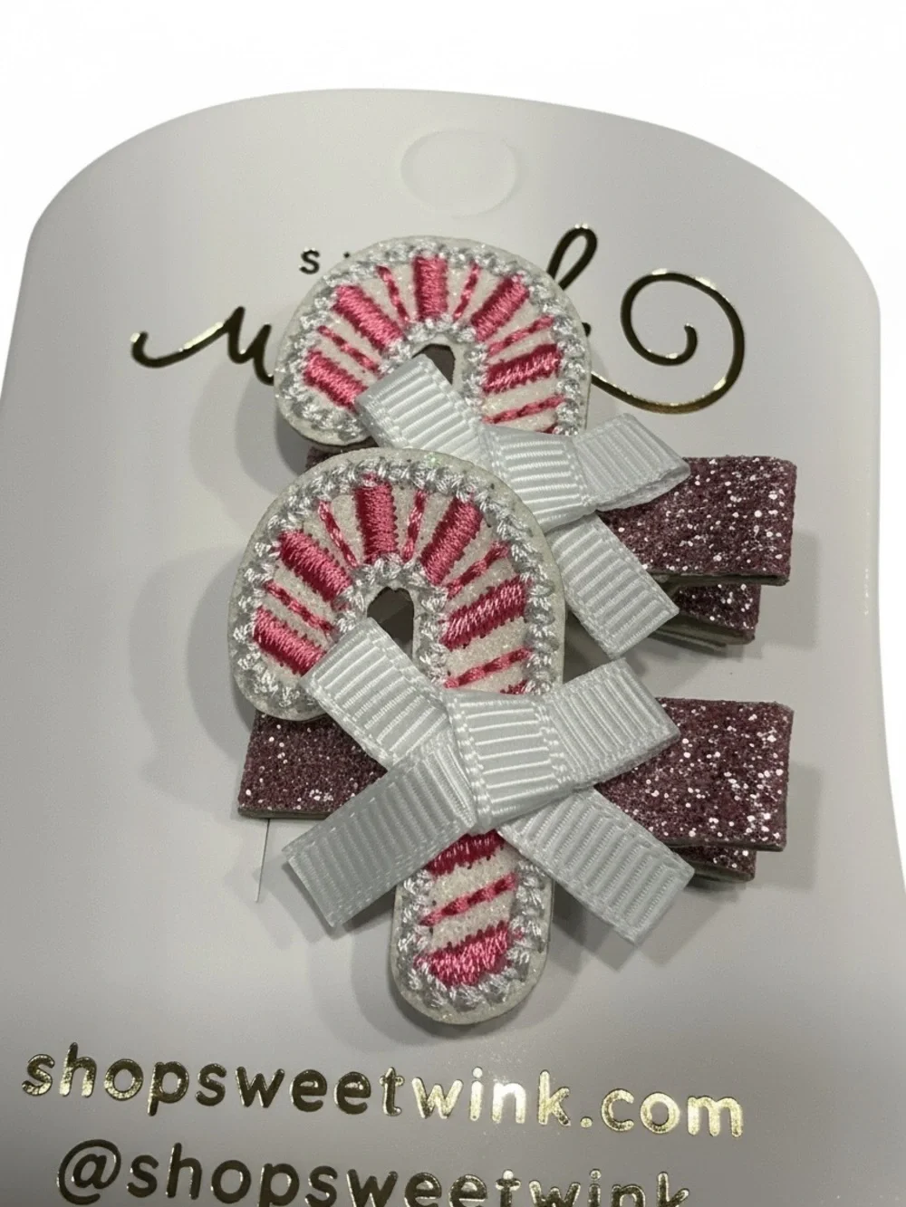 SWEET WINK Candy Cane Glitter Ribbon Hair Clips Set of 2 White/Pink NWT